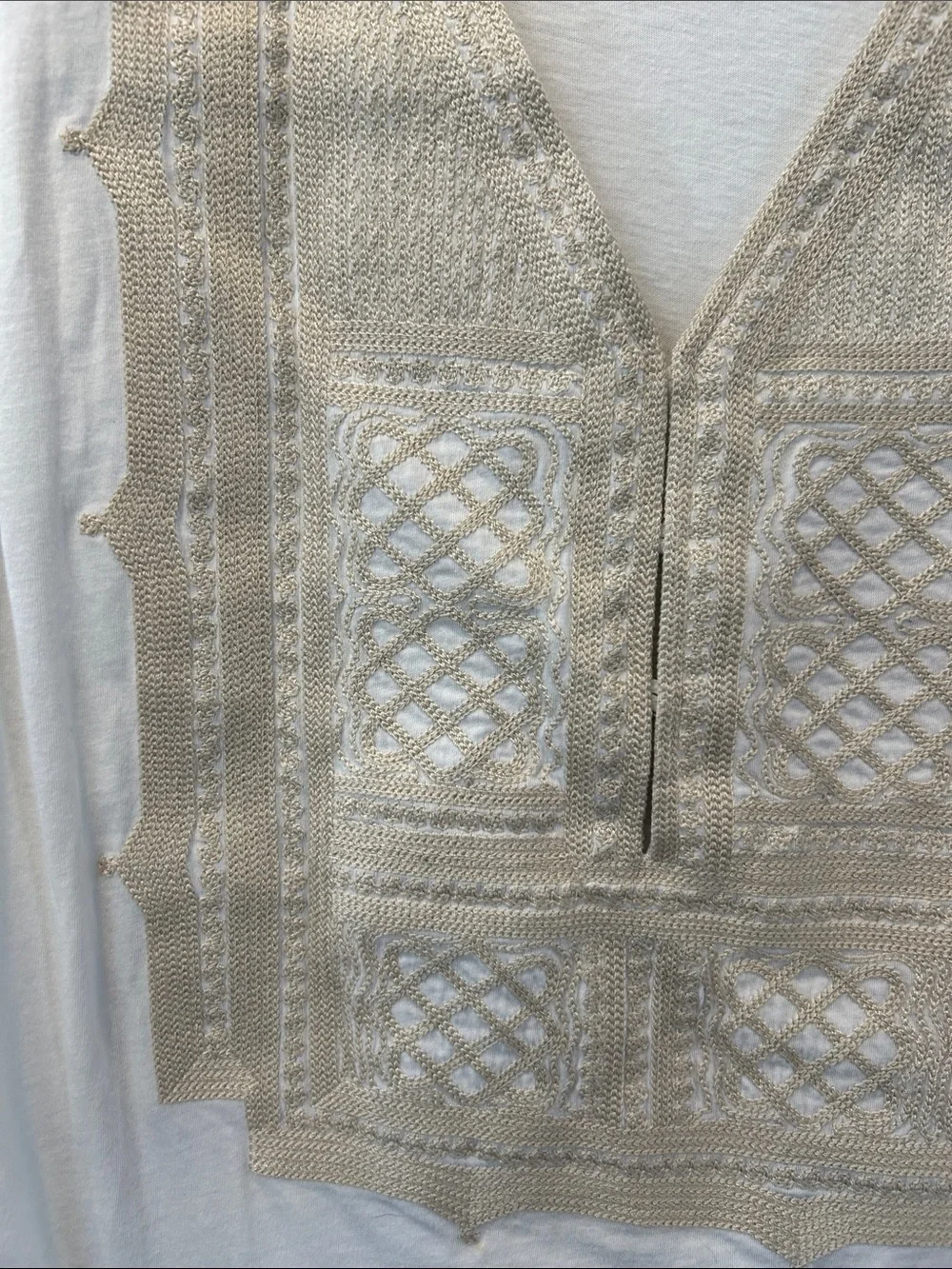 Tory Burch White Short-Sleeve V-Neck Shirt with Beige Embroidered Panel